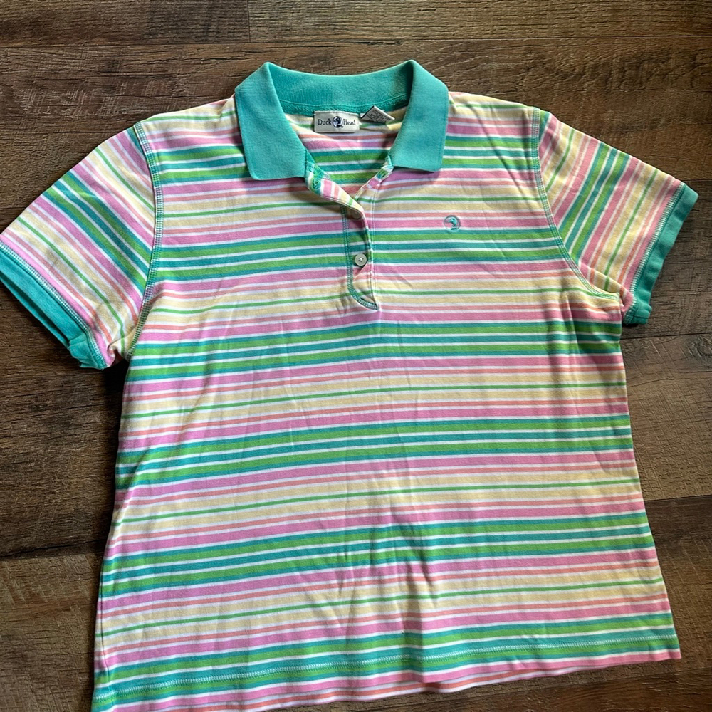 Women's Duck Head Striped Short Sleeve Polo Shirt L Pink Green